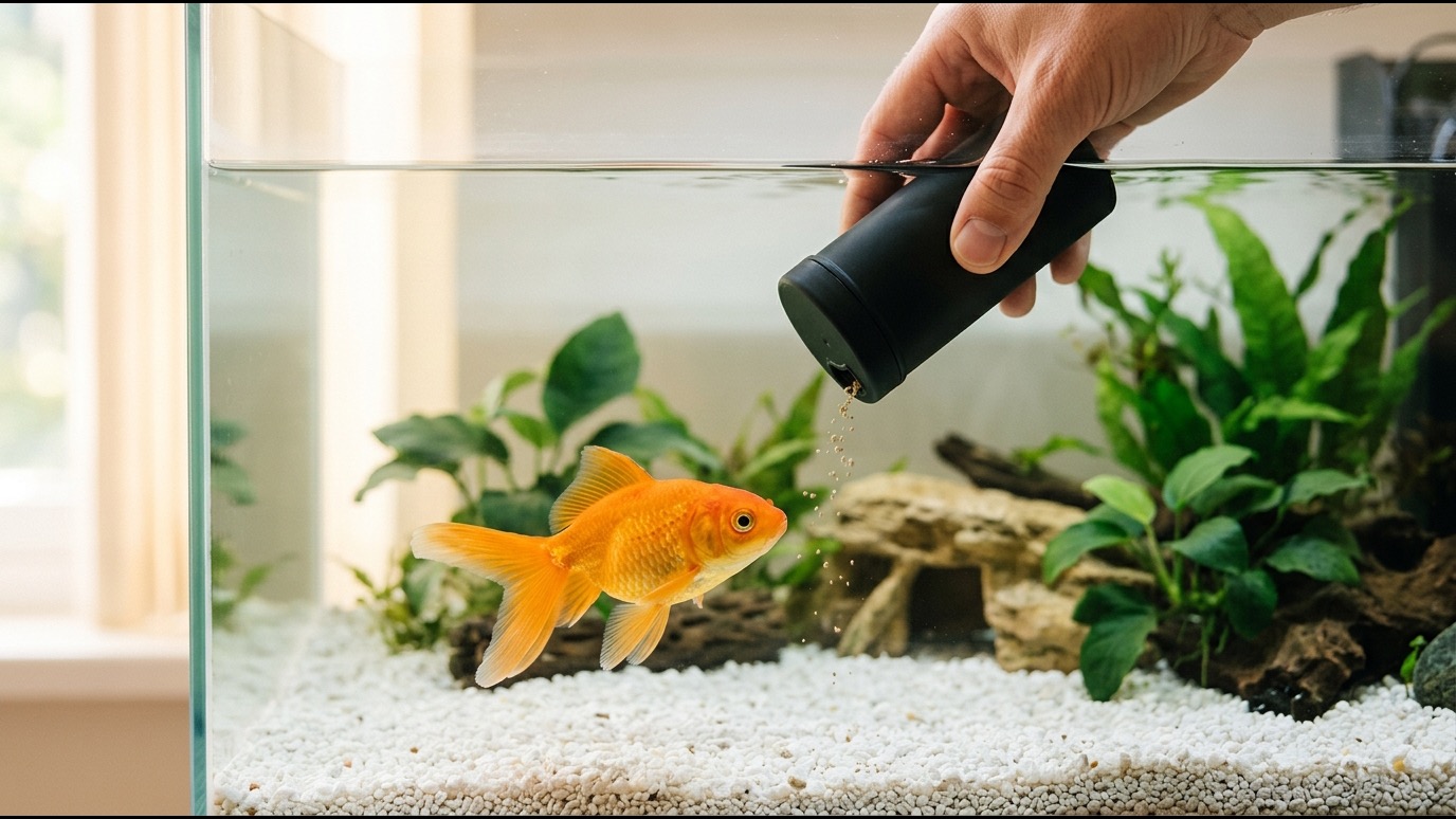 A healthy orange goldfish in a planted aquarium being fed
